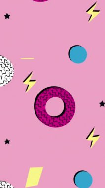 Memphis animasyon geçmişi. Eflatun sarı mavi şekilli arkaplan.