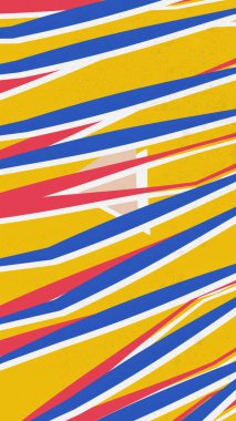 Kaotik olarak dağılmış geometrik elementlerden oluşan soyut bileşim. Turuncu mavi kırmızı renkler.