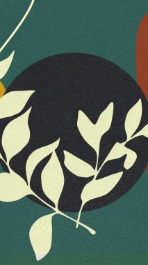 Retro minimalist soyut arka plan. Kırmızı yeşil arkaplanda beyaz yaprak şekli.