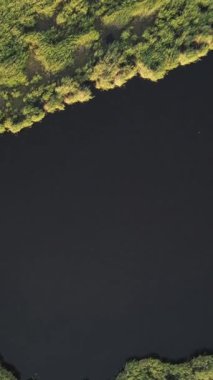 Göl manzarası, sazlıkla kaplı göl üzerindeki drone manzarası, dar bir geçitten içeriye bakan teraslar.