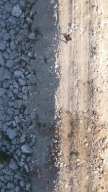 Gölet yolunda yürüyen adam tepeden manzarası harika toprak yolda yürüyor.