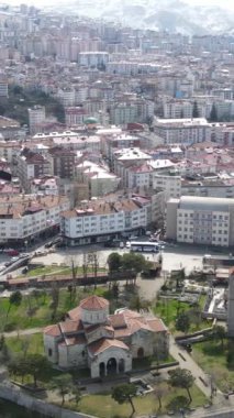 Aerial view of old place Trabzon Hagia Sophia Mosque on a sunny day, drone shot of historical Trabzon Hagia Sophia Mosque