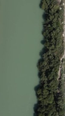 Aerial Riverside, su ekolojisi, nehir kenarı habitatı, doğal yeşillik tarım arazisi, dere suyu yolu.