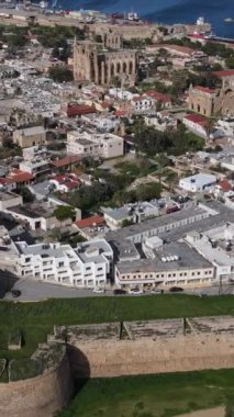 Inside the walls of the historical castle built by the sea, Famagusta castle taken by drone from the air, famagusta protected by the castle walls