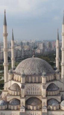 Aerial drone view of mosque, Adana citys largest mosque sabanci mosque, islamic temple with dome and minaret