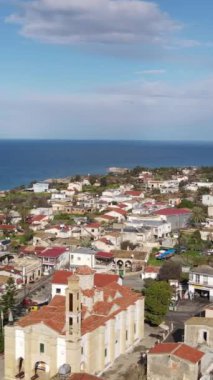 Drone view of the TRNC Esentepe Mosque, the historical Esentepe Mosque built in Girne, the Islamic place of worship in the city Girne
