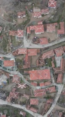 Aerial drone view of small village, small population tile roofed houses, rural life village houses roofs, settlement in rural village in autumn