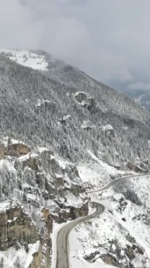 Karlı ağaçlarla kaplı kış ormanı ve dağ ve otoyolun havadan görünüşü, kış doğası, donmuş nehirli hava manzarası, beyaz karla kaplı ağaçlar.