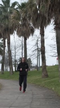 Palmiye ağaçlarıyla kaplı plaj bandında koşan genç adam, sonbaharda müzik dinleyerek tempoda koşuyor.