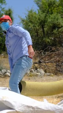 Traktörle çalışan işçiler, saman toplama işinde çiftçiler, bir yığın sarı saman, ilkel çiftçilik...