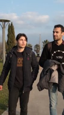 Sahil parkında yürüyüş yapan iki arkadaş, güneşli bir günde palmiye ağacı parkında aktivite, plajda takılan iki adam.