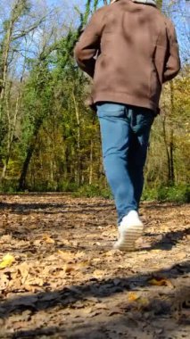 Genç adam sonbaharda ormanın ortasında yolda yürürken topladığı yaprakları havaya atar. Ağaçların yaprakları mevsimlerle birlikte renk değiştirir.