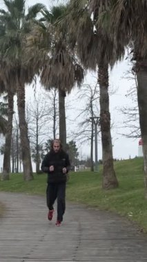 Palmiye ağaçlarıyla kaplı plaj bandında koşan genç adam, sonbaharda müzik dinleyerek tempoda koşuyor.