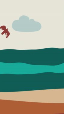 Minimal dağ arazisi illüstrasyon döngüsü arka planı. Bulutlar kumsal ve kuşlar. 4k animasyon.