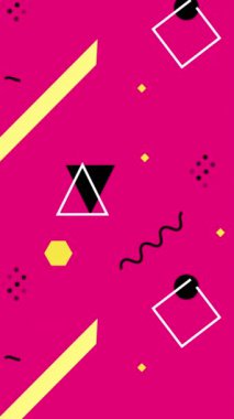 Renkli memphis ile soyut arkaplan, düşen geometrik element pembe arkaplan animasyonu akar