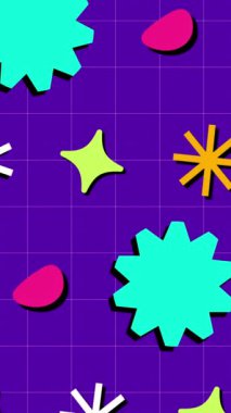 Renkli çiçekleri olan kusursuz bir arka plan. Geometrik nesnelerle mor arkaplan. 4k.