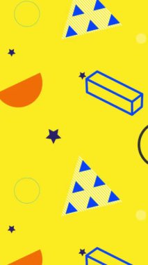 Şekilli soyut sarı arkaplan. Turuncu mavi renkli animasyon şekilleri. 