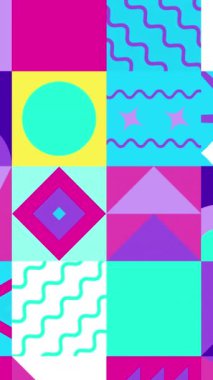 Soyut geometrik animasyon şeklinin kusursuz deseni. Mavi pembe mor ve sarı renk.