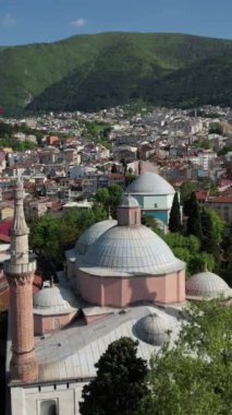 Aerial View Of The Green Tomb, bursa green mosque and tomb drone view, drone view of old historical buildings in bursa city
