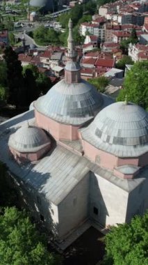 Historical Green Tomb Mosque, ottoman-made green mosque and complex drone view, aerial view of the green mosque and campus