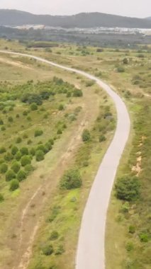 Yol boyunca az sayıda araç ve yolcu bulunan orman ve ağaçların bulunduğu İHA hava yolu manzarası, İstanbul ve Türkiye 'de yeşil santrallerle çevrili yol işaretli kent caddesi