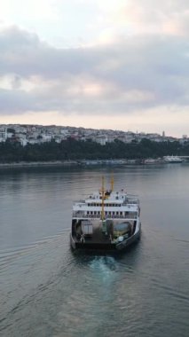 Havadaki kuşlar, denizde yüzen bir balıkçı teknesinin, Boğaziçi Denizi 'nde seyahat eden bir feribotun görüntüsünü izliyorlar.