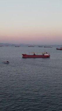 Denize demir atmış gemilerin havadan görünüşü, bir kıyı şehrinde konteynır gemi yoğunluğu, nakliye gemileri.