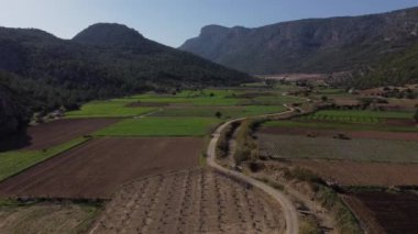 Tarımsal arazi manzarası ve vadinin arasındaki toprak yol, yan yana ekili araziler.