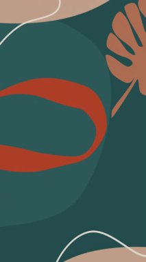 Yeşil yapraklı ve turuncu geometrik elementli modaya uygun soyut arkaplan. 