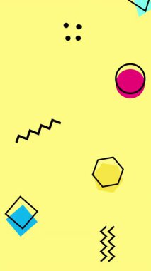 Hareket soyut geometrik şekiller noktalar ve kareler, renkli Memphis arkaplanı