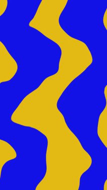 Kıvrımlı, soyut döngü arkaplanı. Mavi arka planda sarı renkli kıvrımlı çizgiler. 4k.