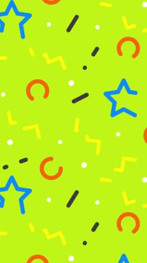 Şekilli soyut yeşil arkaplan. Turuncu sarı mavi renkli animasyon şekilleri. 