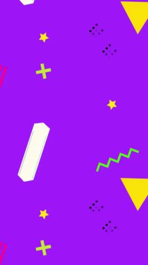 Şekilli soyut mor arkaplan. Yeşil sarı renkli animasyon şekilleri. 