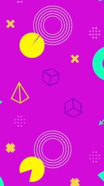 Şekilli soyut mor arkaplan. Cyan sarı renkli animasyon şekilleri. 