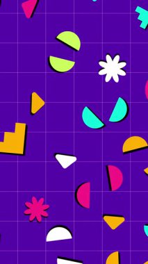 Renkli çiçekleri olan kusursuz bir arka plan. Geometrik nesnelerle mor arkaplan. 4k.