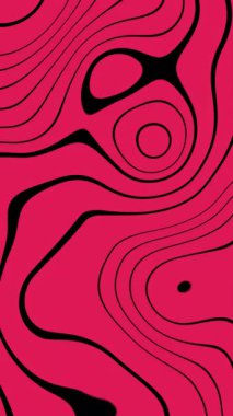 Kıvrımlı, soyut döngü arkaplanı. Pembe arka planda siyah renkli kıvrımlı çizgiler. 4k.