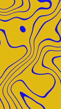 Kıvrımlı, soyut döngü arkaplanı. Sarı arka planda donanma renginde kıvrımlı çizgiler. 4k.