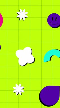 Renkli çiçekleri olan kusursuz bir arka plan. Geometrik ögelerle yeşil arkaplan. 4k.