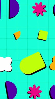 Renkli çiçekleri olan kusursuz bir arka plan. Geometrik nesnelerle turkuaz arka plan. 4k.