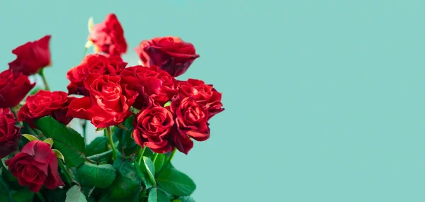 Kytice Rudých Růží Zeleném Pozadí Místo Pro Textový Materiál — Stock fotografie