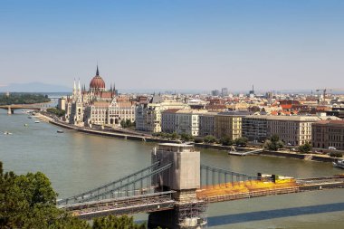 Yaz güneşli bir günde Budapeşte şehri manzarası. Arka planda Macar parlamento binası var..