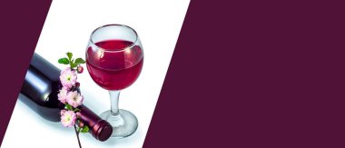 Glass and bottle of red wine on a white background. Place for text. clipart