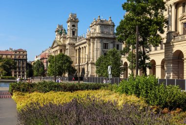 Budapeşte 'nin merkezinde güzel bir köşe. Güneşli bir gün. Önplanda çiçekler.
