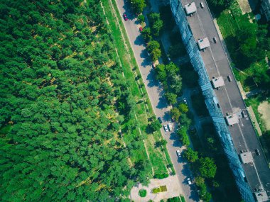Çok katlı binalar, yaprak döken bir ormandan ya da parktan bir yol ile ayrılır.