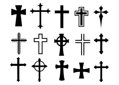 Katolik Sembolleri - Haç Hristiyan simgeleri. Beyaz arkaplanda vektör çizgisi siyah Hıristiyan haçı