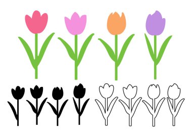 El çizimi laleler beyaz arkaplanda izole edilmiş siyah beyaz ve pastel renklerde ikon