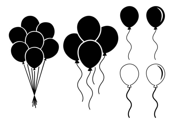 Set of different balloons isolated on white silhouette vector illustration 