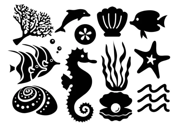 stock vector Vector collection sea life. black silhouette of exotic animals in the ocean. dolphin, fishes, shells, underwater wildlife