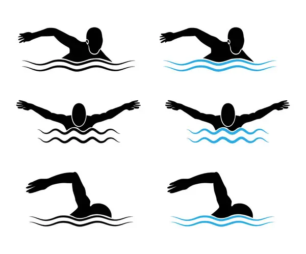 Ikona Stylów Pływania Białym Tle Sylwetka Pływania Człowieka Projektowanie Fal — Wektor stockowy