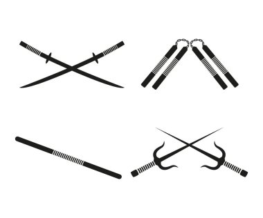 Ninja silahları, ekipman savaşı, nunchaku, kılıç, sopa, katana, ikon vektör çizimi 